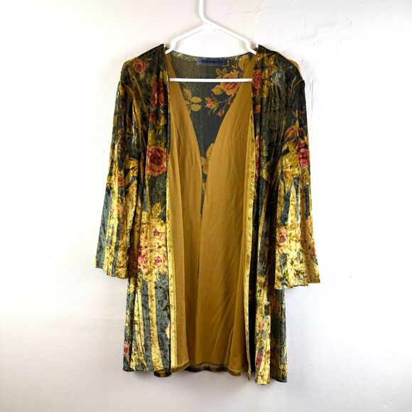 Origami Crushed Velvet Kimono Cardigan Yellow Floral Artsy Boho Womens Sz L - Picture 1 of 8